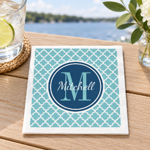 Modern Navy Blue and Aqua Quatrefoil Monogram Napkin