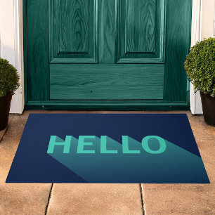 Modern Navy Blue and Aqua Teal Hello Typography Doormat