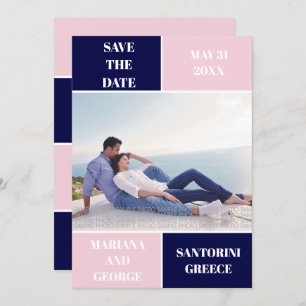 Modern navy blue and blush colour block wedding save the date