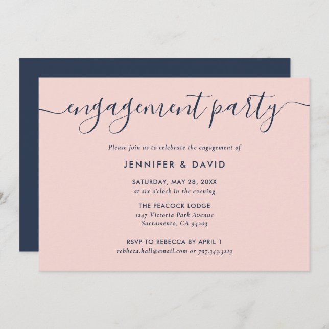 Modern Navy Blue and Blush Engagement Party Invitation (Front/Back)