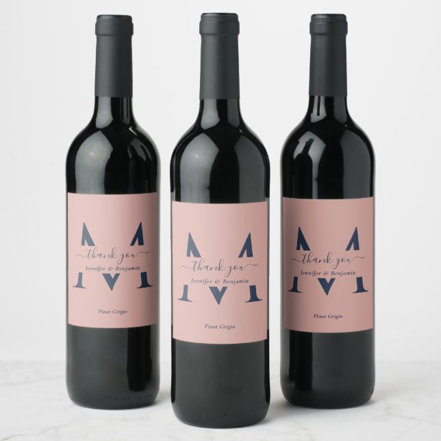 Modern Navy Blue and Blush Monogram Wine Labels (Bottles)