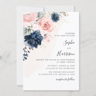 Modern Navy Blue and Blush Pink Floral Wedding Invitation