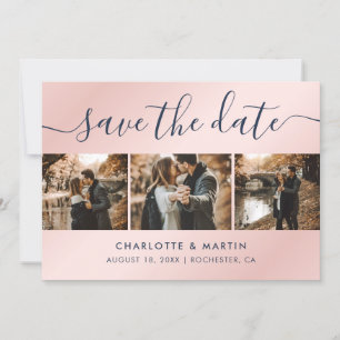 Modern Navy Blue and Blush Pink Wedding Photo Save The Date