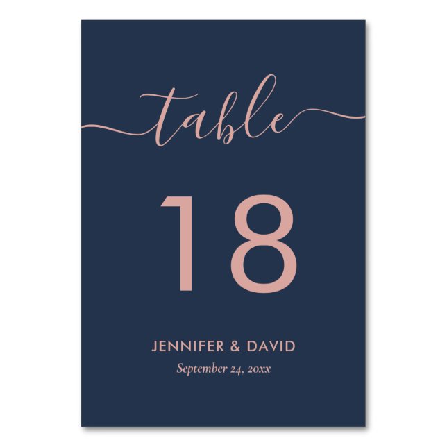 Modern Navy Blue and Blush Table Number Card (Front)