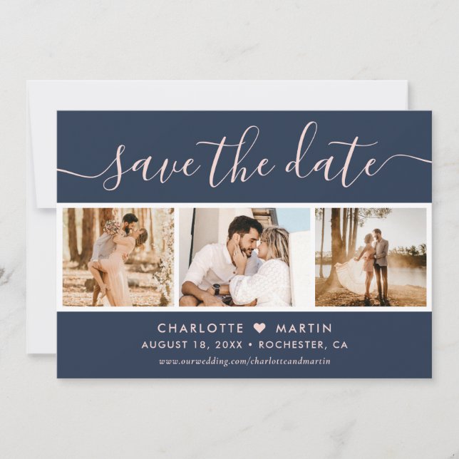 Modern Navy Blue and Blush Wedding 4 Photo Save The Date (Front)