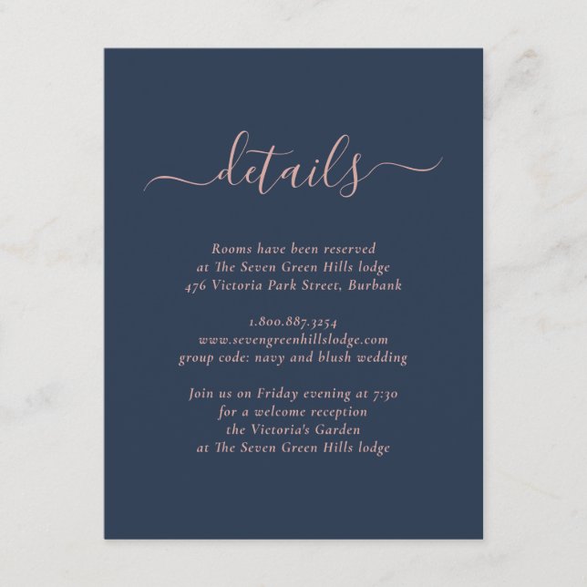 Modern Navy Blue and Blush Wedding Enclosure Card (Front)