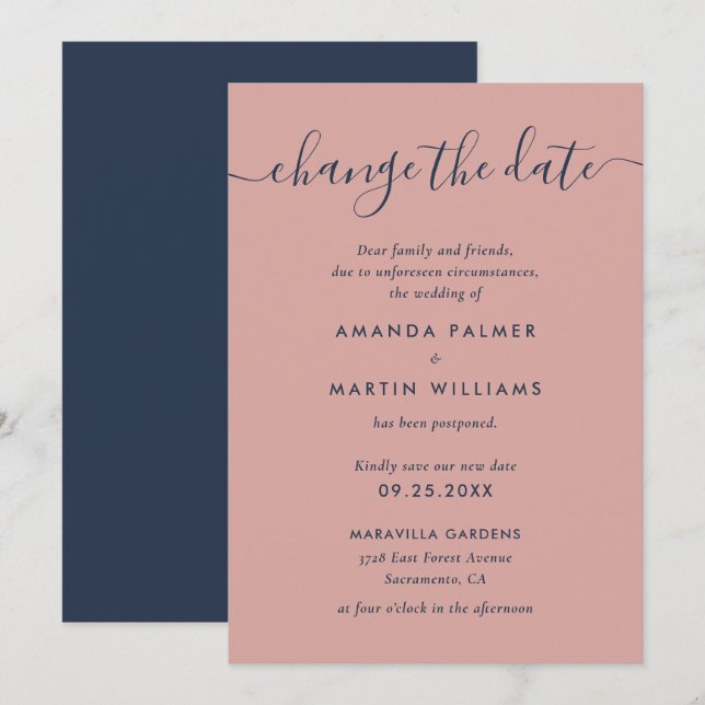 Modern Navy Blue and Blush Wedding Postponement Announcement (Front/Back)