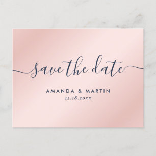 Modern Navy Blue and Blush Wedding Save The Date Announcement Postcard