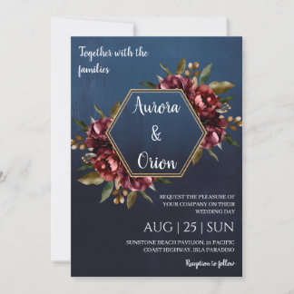 modern navy blue and burgundy wedding invitations
