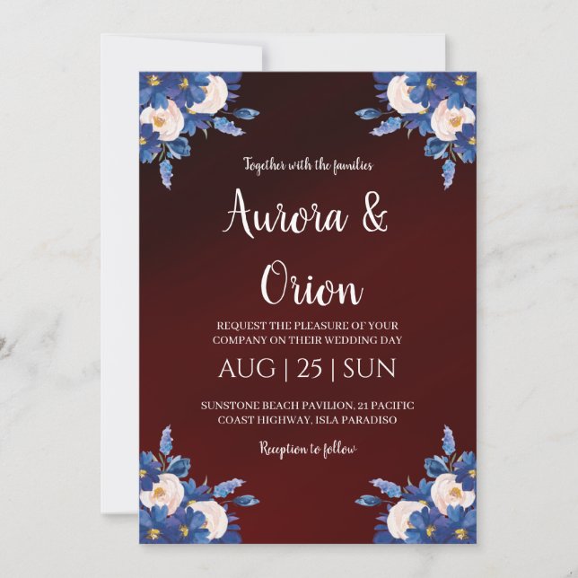 modern navy blue and burgundy wedding invitations (Front)