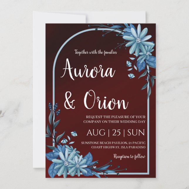 modern navy blue and burgundy wedding invitations (Front)