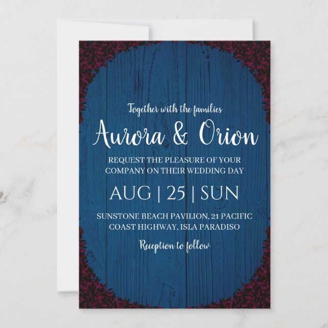 modern navy blue and burgundy wedding invitations (Front)