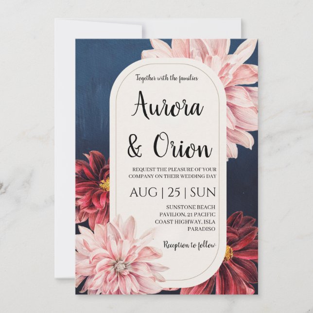 modern navy blue and burgundy wedding invitations (Front)