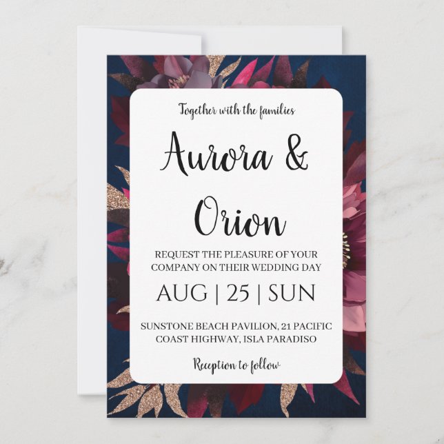 modern navy blue and burgundy wedding invitations (Front)