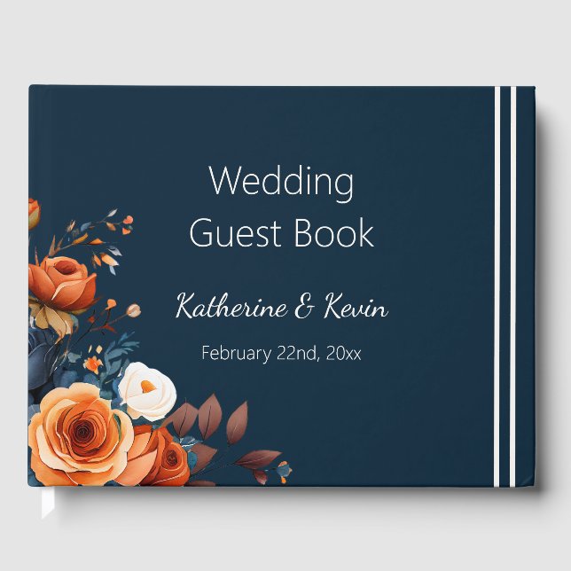 Modern Navy Blue and Burnt Orange Wedding Guest Book (Front)