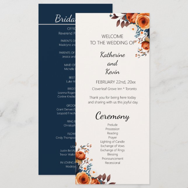 Modern Navy Blue and Burnt Orange Wedding Programs Invitation (Front/Back)