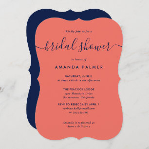 Modern Navy Blue and Coral Bridal Shower Invitation