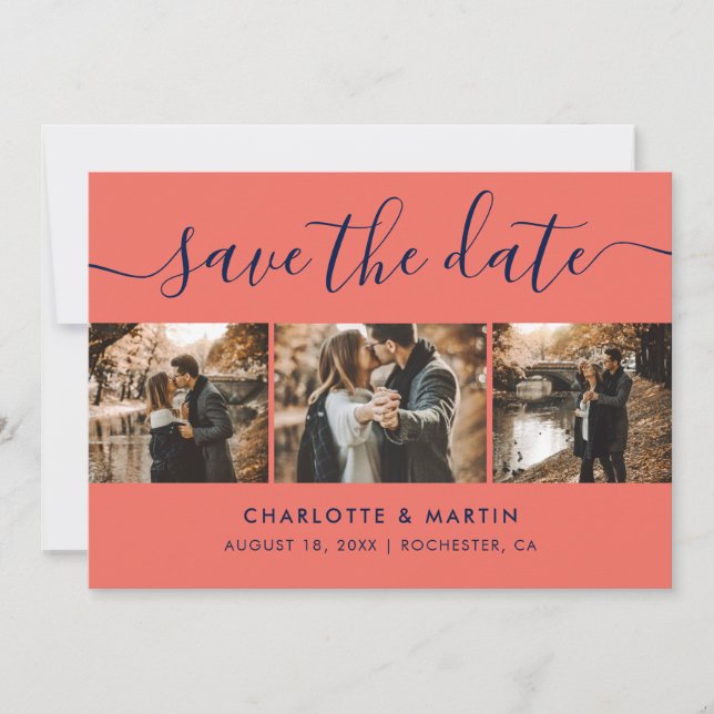 Modern Navy Blue and Coral Photo Collage Save The Date (Front)