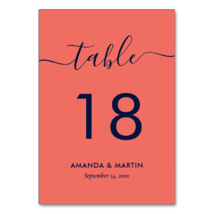 Modern Navy Blue and Coral Table Number Card