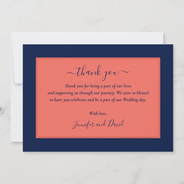 Modern Navy Blue and Coral Thank You Card (Front)