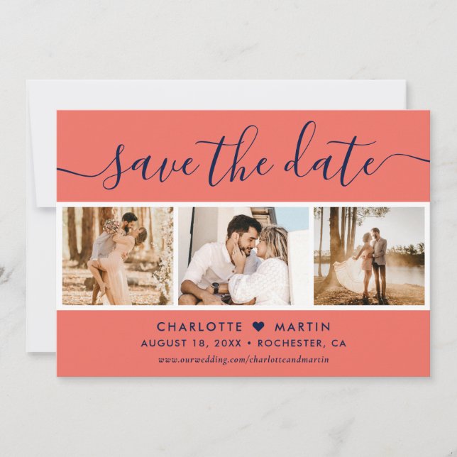 Modern Navy Blue and Coral Wedding 4 Photo Save The Date (Front)