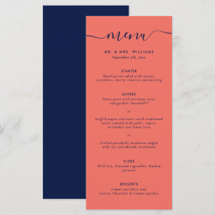 Modern Navy Blue and Coral Wedding Menu