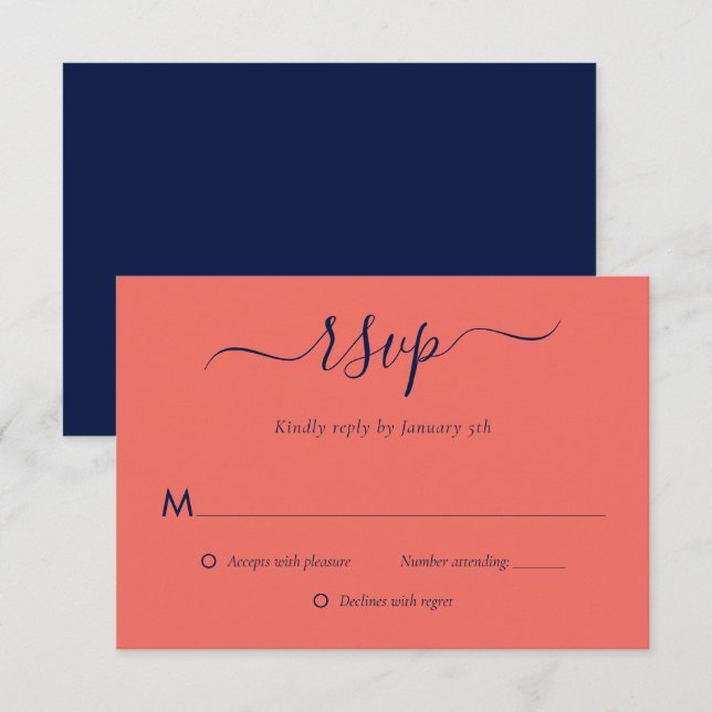 Modern Navy Blue and Coral Wedding RSVP Cards (Front/Back)
