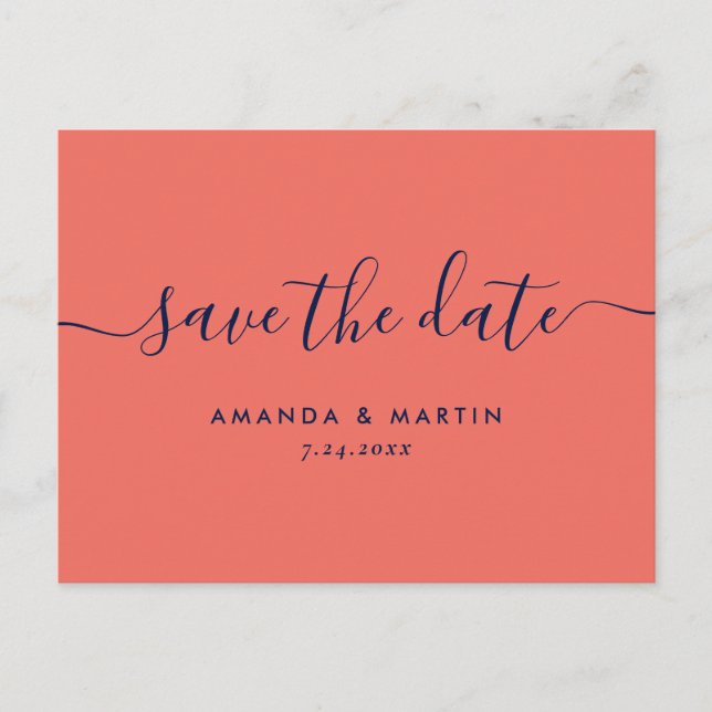 Modern Navy Blue and Coral Wedding Save The Date Announcement Postcard (Front)