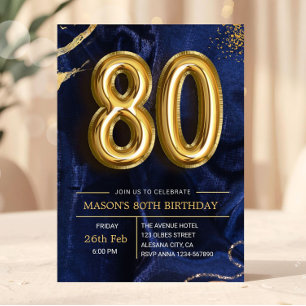 Modern Navy Blue and Gold 80th Birthday Invitation