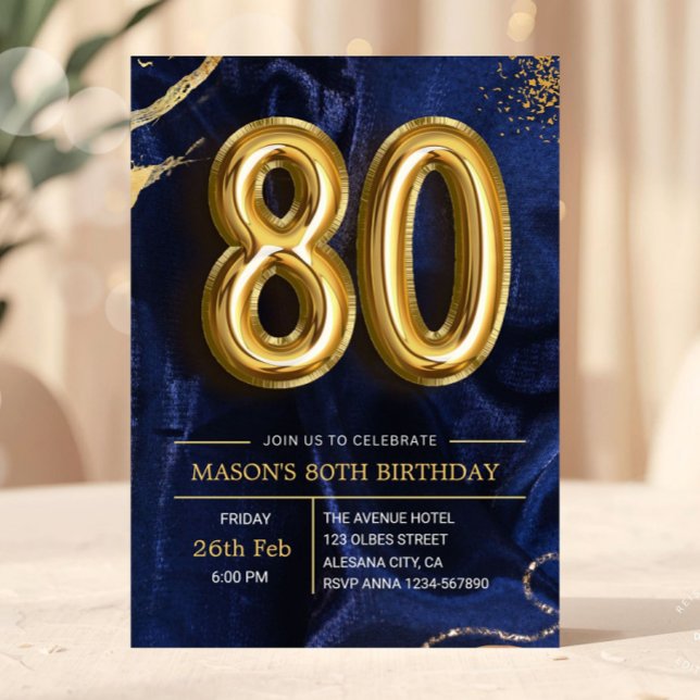 Modern Navy Blue and Gold 80th Birthday Invitation (milestone bday bash invite, women or male man birthday, elegant modern golden invite, gold glitter d)