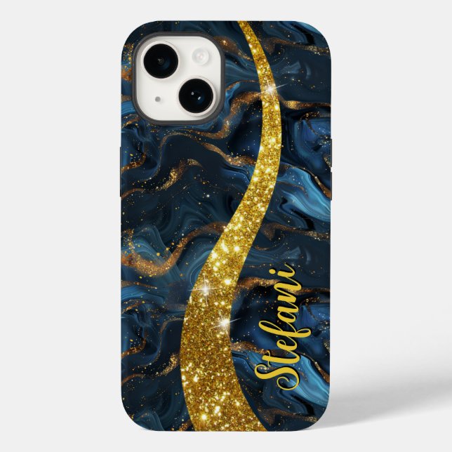 Modern Navy Blue and Gold Agate Monogram Case-Mate iPhone Case (Back)