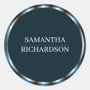 Modern Navy Blue And Gold Border Name Classic Round Sticker