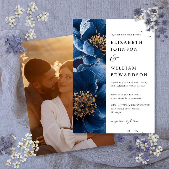 Modern Navy Blue And Gold Floral Photo Wedding Invitation (Modern Navy Blue And Gold Floral Photo Wedding Invitation)