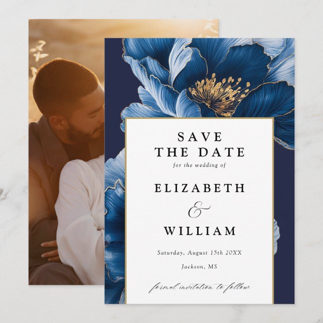 Modern Navy Blue And Gold Floral Photo Wedding Save The Date (Front/Back)