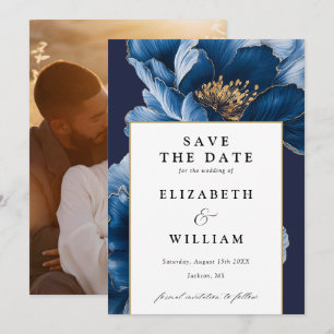 Modern Navy Blue And Gold Floral Photo Wedding Save The Date