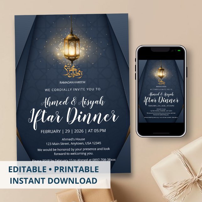 Modern Navy Blue and Gold Glowing Lantern Iftar Invitation (Creator Uploaded)