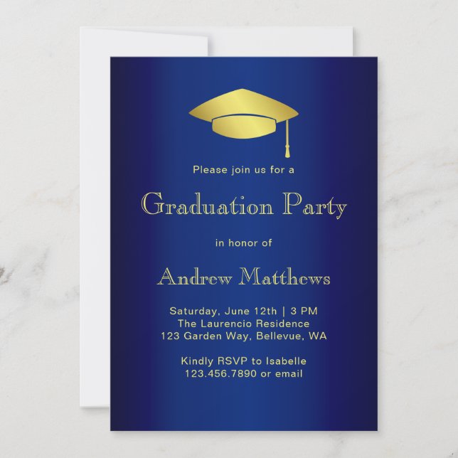 Modern Navy Blue and Gold Graduation Party Invitation (Front)