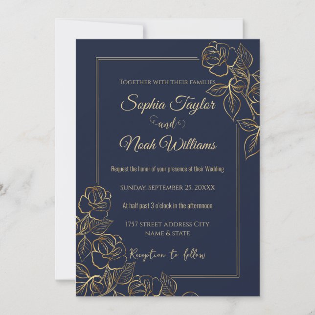 Modern Navy Blue and Gold Rose Minimal  Invitation (Front)