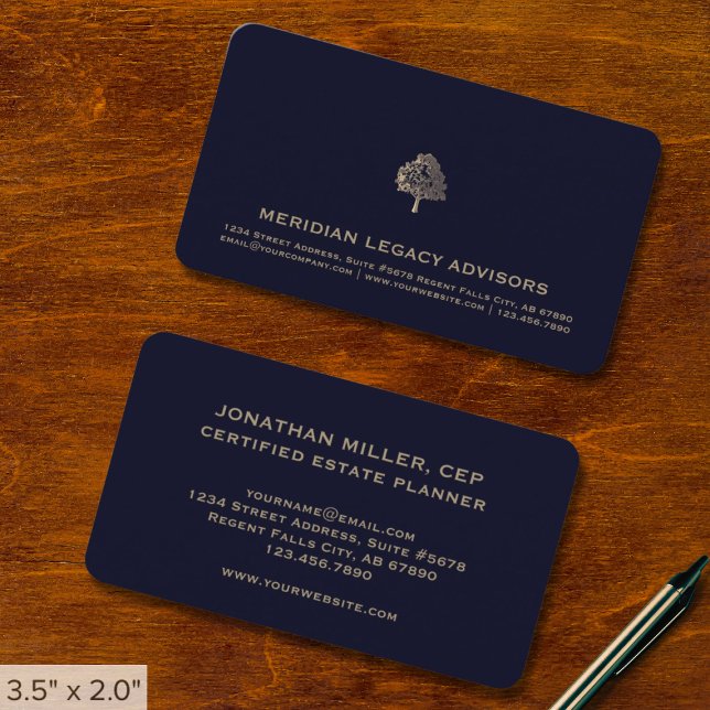 Modern Navy Blue and Gold Tree Logo Business Card (Creator Uploaded)