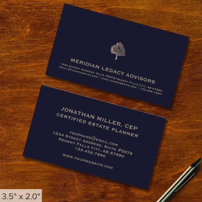 Modern Navy Blue and Gold Tree Logo Business Card (Creator Uploaded)