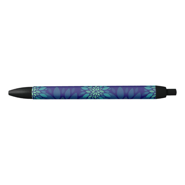 Modern Navy Blue and Green Floral Leaves Pattern Black Ink Pen (Front)