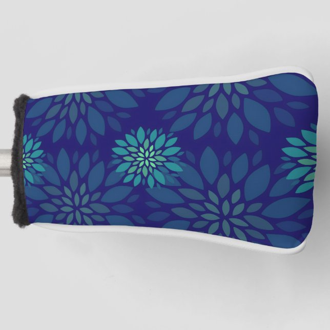 Modern Navy Blue and Green Floral Leaves Pattern Golf Head Cover (Front)