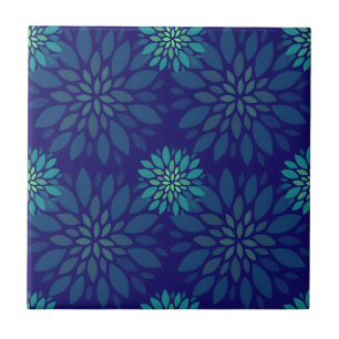 Modern Navy Blue and Green Floral Leaves Pattern Tile