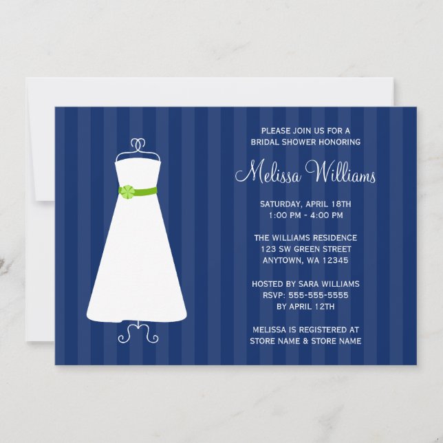 Modern Navy Blue and Green Gown Bridal Shower Invitation (Front)