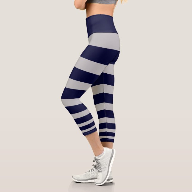 Modern navy blue and light grey striped capri leggings (Left)