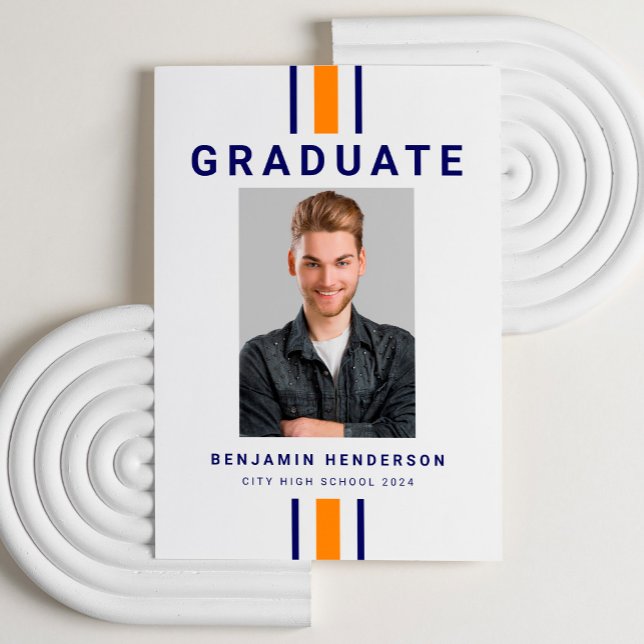 Modern Navy Blue And Orange Photo Graduation Announcement (Modern Navy Blue And Orange Photo Graduation Announcement)
