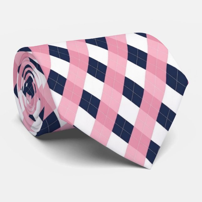 Modern Navy Blue and Pink Argyle Pattern Necktie (Rolled)