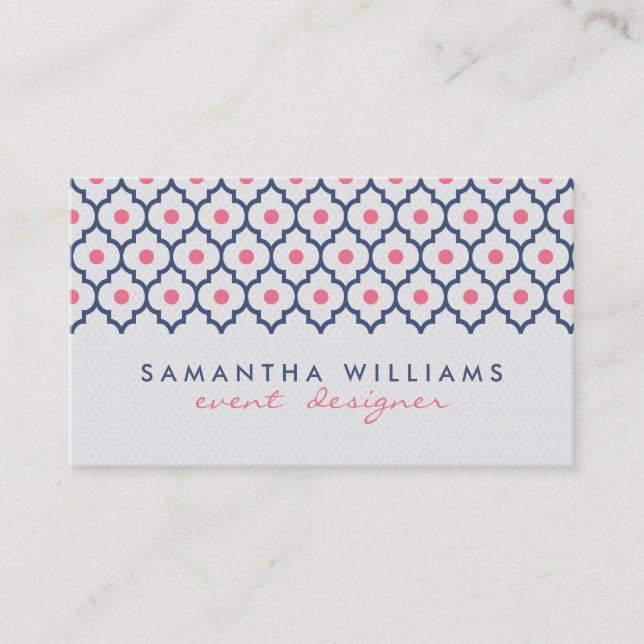 Modern Navy Blue And Pink Quatrefoil Pattern Business Card (Front)