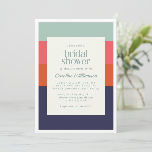 Modern Navy Blue and Red Stripes Bridal Shower Invitation (Standing Front)