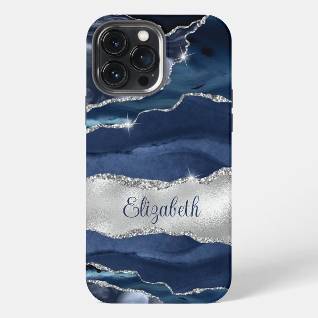 Modern Navy Blue and Silver Agate Monogram iPhone Case (Back)
